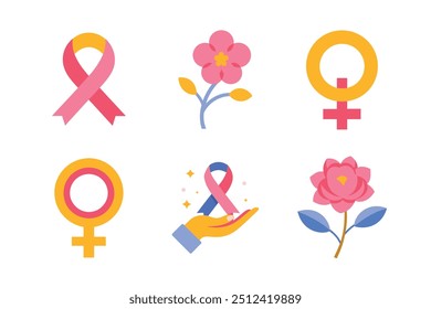 Breast cancer awareness vector symbolic icons including ribbon, women sign, cherry blossom and rose