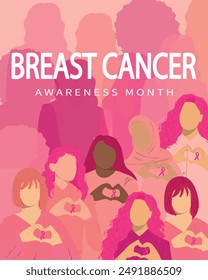 Breast cancer awareness vertical banner. Multiethnic group of women with pink ribbon. Disease prevention, solidarity or charity campaign flyer.