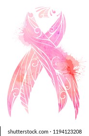 Breast cancer awareness. Watercolor pink ribbon with splashes. Object is separated from background. Vector element for cards, banners, flyers and your design.