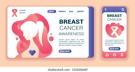 Breast cancer awareness web banner and mobile app kit. Cross platform. Flat vector illustration isolated line icon woman with hearth and ribbon on pink flowing liquid shapes background. UI/UX template