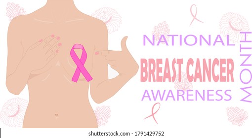 Breast Cancer Awareness web banner illustration for support and health care.  Woman with pink ribbon, closeup. Breast cancer awareness