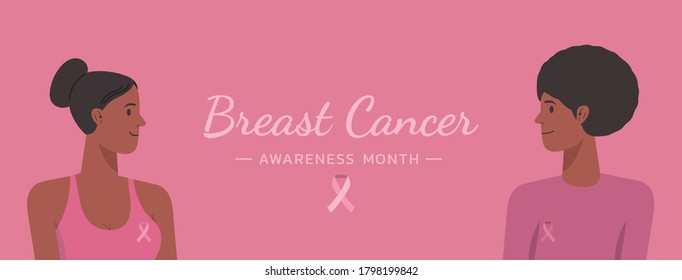 banner web de sensibilización sobre el cáncer de mama para el concepto de apoyo y atención de salud, personajes afroamericanos con cita tipográfica y cinta rosa, ilustración vectorial plana 