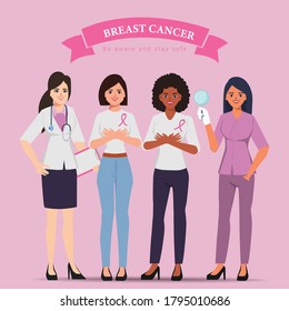 Breast cancer awareness woman character with doctor medical treatment.