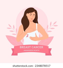 Conciencia sobre el cáncer de mama.  Mujer con cinta rosa. Diseño de plantillas web de la campaña de solidaridad para la salud femenina en el mes de octubre. Ilustración del vector