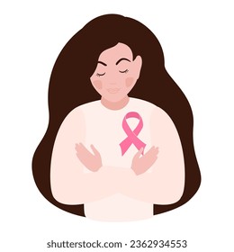 Conciencia sobre el cáncer de mama. Mujer con cinta rosa. Diseño de plantillas web de la campaña de solidaridad para la salud femenina en el mes de octubre. Ilustración vectorial.