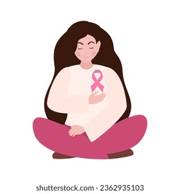 Conciencia sobre el cáncer de mama. Mujer con cinta rosa. Diseño de plantillas web de la campaña de solidaridad para la salud femenina en el mes de octubre. Ilustración vectorial.