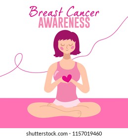Breast Cancer Awareness, Woman sitting in yoga pose and holding heart in her hand. Pink Ribbon Background. Vector illustration