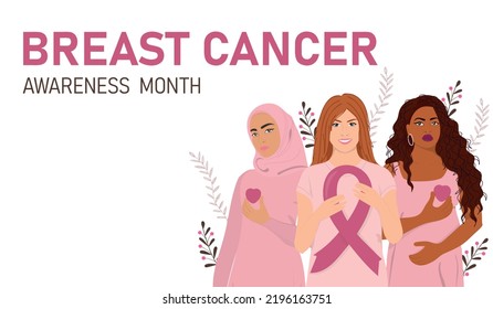 Breast Cancer Awareness. Women community wearing pink.  Breast cancer month banner. Vector illustration	