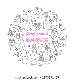 Breast cancer awareness and women healthcare vector icons set for your design