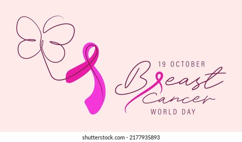 Breast Cancer Awareness World Day Poster Vector Illustration. One Line Drawing Of Woman Face And Breast Cancer Awareness Ribbon.