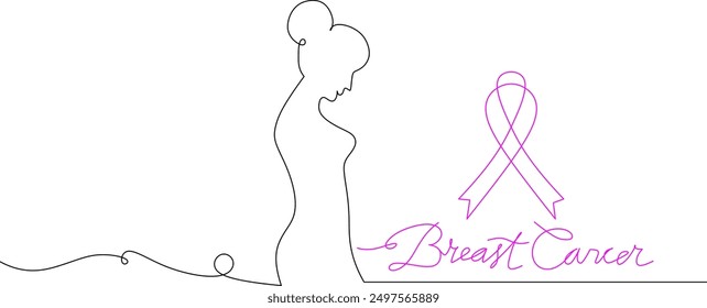 Breast cancer awareness world day vector line art, of woman breast cancer and awareness ribbon