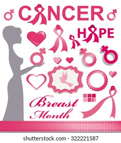 Breast Cancer Awarenesss decoration elements,pink ribbons,badges,decor graphic icons set,title.Woman silhouette with female sign like hope symbol.Heart and labels.Isolated vector.