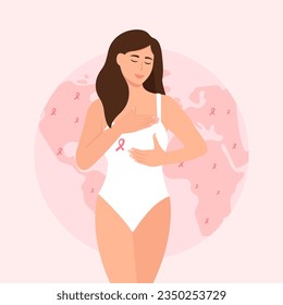 Breast Cancer awareness.Woman with pink ribbon. Disease prevention, solidarity, charity campaign flyer. . Vector illustration