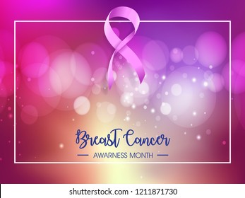 breast cancer awarness month poster illustration, realistic pink ribbon design with colorful bokeh background