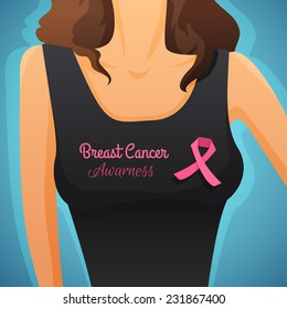 Breast cancer awarness, woman in t-shirt with badge. Vector Illustration