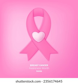 Breast cancer awreness month icon. Pink ribbon with heart.