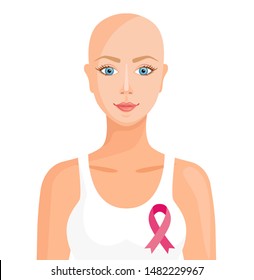 Breast Cancer. Bald Young Woman With A Smile On Her Face And A Pink Ribbon On Her Chest. Fight Against Cancer. Happy Girl Defeating Cancer. Vector Illustration In Cartoon Style.