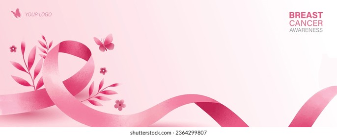 Breast cancer banner background with pink awareness ribbon and copy space border design, vector illustration  