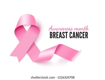 Breast cancer banner template with realistic pink ribbon. October awareness month poster design with lettering. Oncological disease solidarity. Women health 3d vector symbol isolated on white