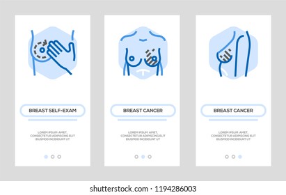 Breast Cancer and Breasts Self-Exam Banners. Vector Vertical Cards. Concept For Web Graphics.