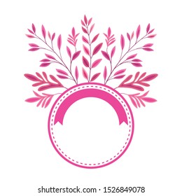 breast cancer campaign ribbon in circular frame with leafs vector illustration design