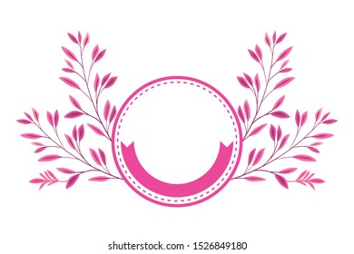 breast cancer campaign ribbon in circular frame with leafs vector illustration design