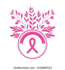 breast cancer campaign ribbon in circular frame with leafs vector illustration design