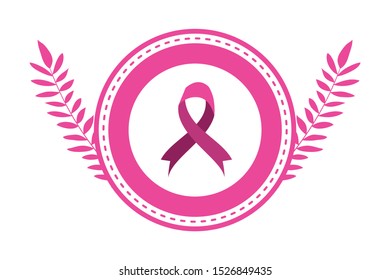 breast cancer campaign ribbon in circular frame with leafs vector illustration design