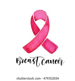 Breast cancer card. Awareness month ribbon. Ink illustration. Modern brush calligraphy. Isolated on white background. 