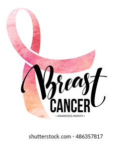 Breast cancer card. Awareness month ribbon. Watercolor texture. Modern brush calligraphy. Isolated on white background. Vector illustration EPS10