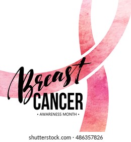 Breast cancer card. Awareness month ribbon. Watercolor texture. Modern brush calligraphy. Isolated on white background. Vector illustration EPS10