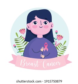 Breast cancer cartoon woman with pink ribbon flowers banner vector illustration