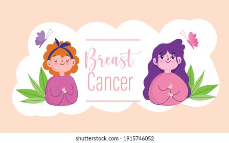 Breast cancer cartoon women butterflies and words banner vector illustration