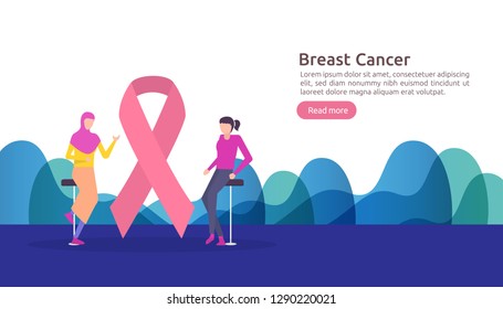 breast cancer day Awareness month with pink ribbon. female cartoon character together discussion talk for love support. web landing page template, banner, social, and print media. Vector illustration