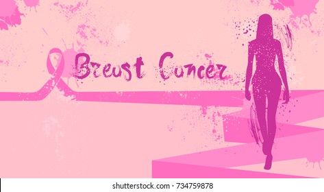 Breast Cancer Day Disease Awareness Prevention Poster With Silhouette Female Flat Vector Illustration