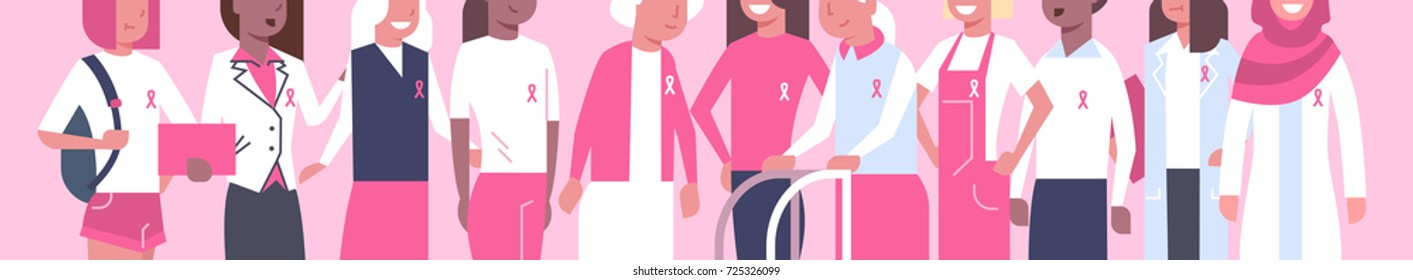 Breast Cancer Day Diverse Group Of Woman Disease Awareness And Prevention Poster Flat Vector Illustration