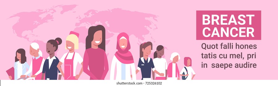 Breast Cancer Day Diverse Group Of Woman Disease Awareness And Prevention Poster Flat Vector Illustration