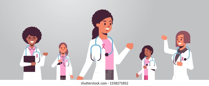 breast cancer day doctors wearing coats with pink ribbon mix race hospital colleagues team standing together disease awareness and prevention concept flat portrait horizontal vector illustration