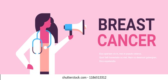 breast cancer day female doctor holding loudspeaker megaphone disease awareness prevention concept warning alert advertising poster woman cartoon character portrait horizontal copy space flat vector