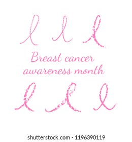 Breast cancer day. Hand drawn pink crayon ribbon. 15 October. Watercolor awareness symbol, vector illustration, isolated. Design template for flyer and poster.