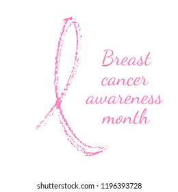 Breast cancer day. Hand drawn pink crayon ribbon. 15 October. Watercolor awareness symbol, vector illustration, isolated. Design template for flyer and poster.