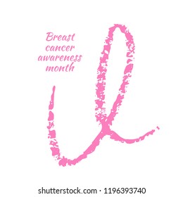 Breast cancer day. Hand drawn pink crayon ribbon. 15 October. Watercolor awareness symbol, vector illustration, isolated. Design template for flyer and poster.
