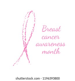 Breast cancer day. Hand drawn pink crayon ribbon. 15 October. Watercolor awareness symbol, vector illustration, isolated. Design template for flyer and poster.