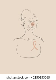 Breast cancer day icon, aesthetic female portrait with pink ribbon, vector symbol isolated on pink background, template for flyer, banner. The concept of caring for women s health.