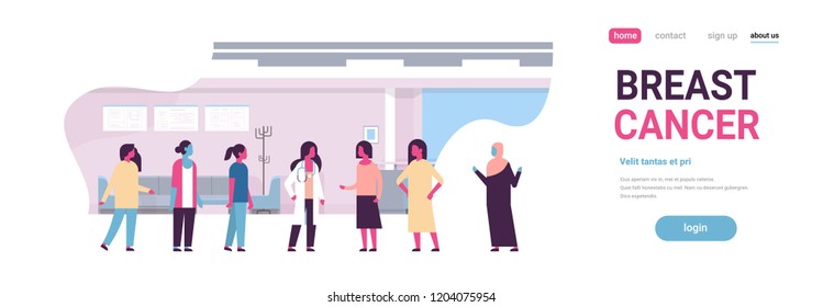 breast cancer day mix race female doctor women consultation concept disease awareness prevention poster woman communication cartoon character horizontal copy space flat vector illustration