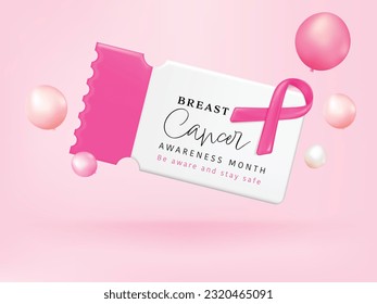 Breast cancer day promotion sales and Discount coupon online purchases. Tag label, banner with Pink ribbon isolated. 3d rendering.