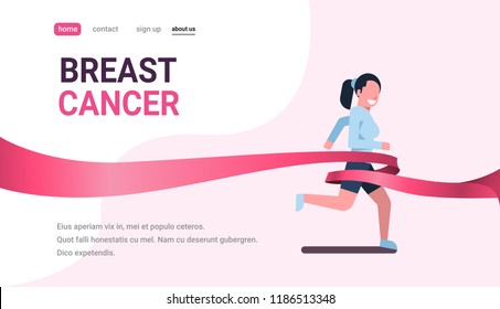 breast cancer day running sport woman pink ribbon awareness prevention concept poster female cartoon character full length horizontal copy space flat vector illustration