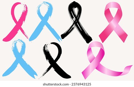 Día del cáncer de mama, conjunto de cintas rosadas símbolo de control del cáncer. Pulsaciones de pincel. Aislado sobre fondo blanco. Ilustración del vector