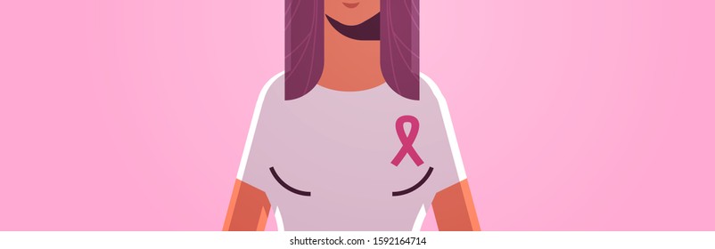 breast cancer day woman wearing t-shirt with pink ribbon disease awareness and prevention concept flat portrait horizontal vector illustration