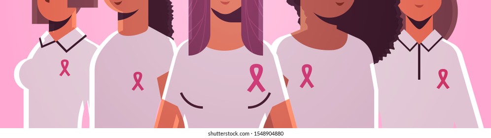 breast cancer day women wearing t-shirts with pink ribbon mix race girls standing together disease awareness and prevention concept flat portrait horizontal vector illustration